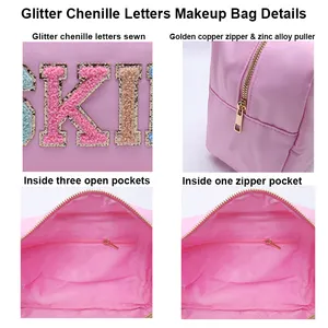Stock Multi Colors Glitter Chenille Letters Hautpflege Make-up Taschen Kultur beutel für Frauen Flache Reiß verschluss tasche