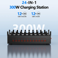 200W 24 Portlu USB Şarj İstasyonu 12 USBC 12 USBA Çoklu Portlu USB Şarj Cihazı, Akıllı Telefon ve Tabletler için Masaüstü Ticari Şarj Ünitesi