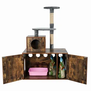 Wooden Cat Litter Box Furniture With 2-in-1 Modern Cat Tower with Scratching Posts