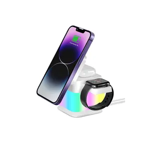 접이식 모바일 3 in 1 마그네틱 무선 충전기 RGB 분위기 램프 iPhone 용 무선 전화 충전기