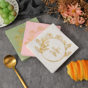 Custom Logo Square Paper Napkins 250mm Gold Foil Printed Wedding Party Props Three Layer Green Pink White - Product Image 4