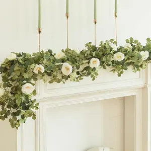 人工ユーカリガーランドシルク布ロゼットグリーン装飾長いつる結婚式アーチ型テーブル壁背景