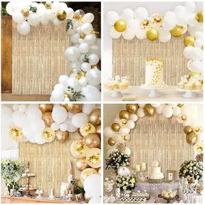 Kit Garland Lengkungan Balon Lateks Emas Putih Perlengkapan Dekorasi Balon Pesta Ulang Tahun Pernikahan dengan Tirai Hujan Emas