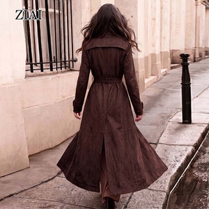 Manteau <span class=keywords><strong>trench</strong></span> chic en <span class=keywords><strong>daim</strong></span> beige avec ceinture, veste mi-longue en <span class=keywords><strong>daim</strong></span> pour femme, vêtement d'extérieur décontracté pour l'automne, idéal pour le streetwear et le bureau - Product Image 4