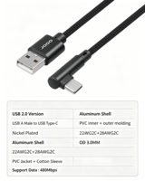 Câble USB 2.0 OEM d'usine à angle droit de 90 degrés, USB-A vers Type-C, 480 Mbps, avec coque en aluminium nickelé et câble de données tressé court