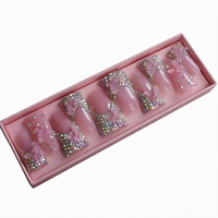Faux ongles à presser papillon rose pailleté, couvrance totale, en acrylique, forme ovale moyenne, avec colle et lime