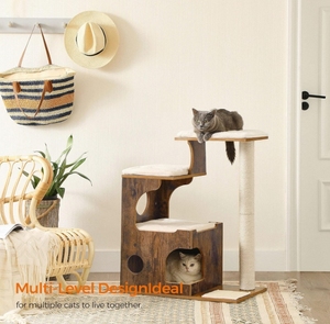 Tour à chat en bois moderne avec 3 lits, poteaux en sisal, fausse fourrure moelleuse, griffoir écologique, emballé en carton, pour usage intérieur et extérieur - Product Image 3
