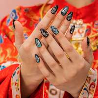 Kuku Palsu Model Cat-Eye Almond Gaya Cina Warna Hijau Tua dengan Desain Bunga Kupu-Kupu Mutiara Berlapis Perak, Akrilik Bersertifikasi CE