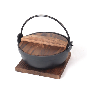 Casserole en <span class=keywords><strong>fonte</strong></span> de style japonais, pré-assaisonnée et avec revêtement émaillé, avec couvercle et poignée en bois, idéale pour le camping - Product Image 2