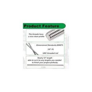 <span class=keywords><strong>Tige</strong></span> <span class=keywords><strong>filetée</strong></span> 3/8"-16, 2 pièces, en acier 304, longueur 12 pouces, filetage à droite UNC, tiges filetées pour projets électriques - Product Image 5