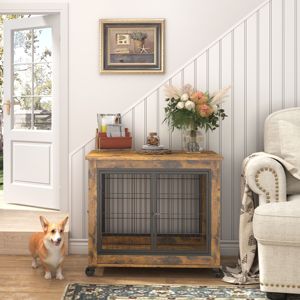 กรงสุนัข DB Furniture สีน้ำตาล Rustic ขนาด 31.5 นิ้ว กว้าง x 22 นิ้ว ลึก x 25 นิ้ว สูง พร้อมประตูคู่ ยกฝาได้ มีล้อ ดีไซน์เป็นโต๊ะข้าง - Product Image 1