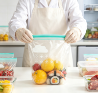 Sacs auto-scellants à double fermeture éclair en PE épaissi de qualité alimentaire, imprimés sur mesure en usine, pour le stockage de fruits, légumes, sushis, collations et aliments pour animaux de compagnie