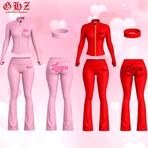 2026 年情人节春季定制街头服饰运动服套装 Y2K 拉链夹克和翻边喇叭裤 2 件套女式服装 - Product Image 1