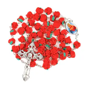 Chapelet de perles de fleur de Rose en argile polymère, 4 pièces, pièce centrale imitant le cœur de marie, chapelet