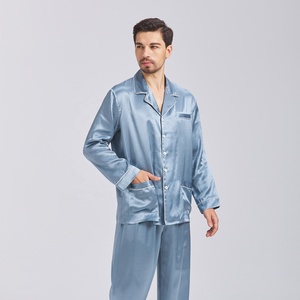 Set <span class=keywords><strong>Pigiama</strong></span> in Seta per <span class=keywords><strong>Uomo</strong></span>, Primavera e Autunno, Maniche Lunghe, Collo a V, Blu Nebbia, Due Pezzi, 100% Seta - Product Image 4