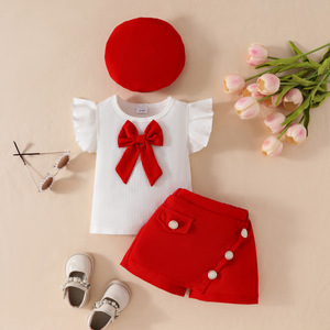 Set Estivo 3 Pezzi per Bambine 6 Mesi - 3 Anni: Top con Volant e Fiocco Grande, Gonna Pantalone e Cappello - Product Image 2