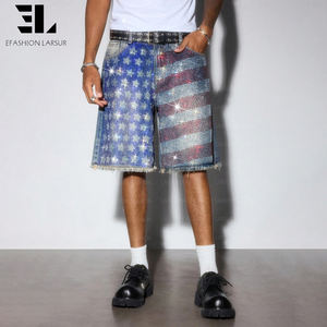 Shorts en jean LARSUR personnalisés, fabriqués en usine, avec des bords bruts, ornés de strass et de diamants, style baggy, déchirés, scintillants, shorts en jean, jorts - Product Image 1
