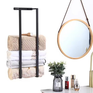 壁掛けステンレス製タオルラック、粘着式ブラックバスルームシェルフ、タオルラック付き - Product Image 1