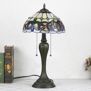 LongHuiJing 12" Dome Vintage Mediterranean Tiffany AC Table Lamp Stained Glass Shade Resin Base LED 2700K Warm White Universal - Product Image 2