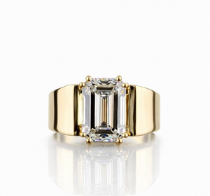 Emerald Cut Lab <b>Diamond</b> <b>Ring</b>, Wide Gold Band, Statement Wedding <b>Ring</b> (IGI Certified) - Product Image 1