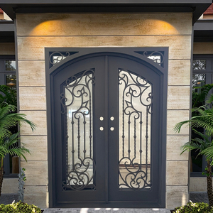 Ceja en la parte superior cuadrada Forjado a mano <span class=keywords><strong>Trabajo</strong></span> de desplazamiento elegante Bisagra de Puerta de Hierro de acero doble Operable Vidrio transparente Acabado de estilo personalizado - Product Image 1