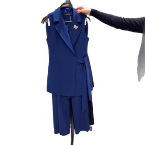 Completo da <span class=keywords><strong>donna</strong></span> elegante a tinta unita con top senza maniche a collo risvoltato e <span class=keywords><strong>pantaloni</strong></span> lunghi, set slim da 2 pezzi per feste e occasioni speciali - Product Image 6