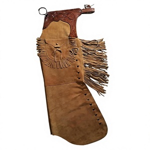 Premium Custom Brown Suede Cowhide Leather Rodeo Chaps with Hand-Tooled Floral Yoke, Matching Pocket, and Long Fringe - Product Image 1