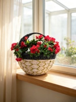 Panier à fleurs beige vert imitation osier, poignée enveloppée de tissu noir, doublure en plastique, pot de jardin extérieur