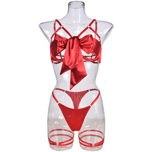 Viviblook Z0114ST02 Costumes de la Saint-Valentin pour femmes, ensemble de lingerie sexy, découpe, nœud, satin creux, mignon, érotique, ensemble de sous-vêtements solides - Product Image 4