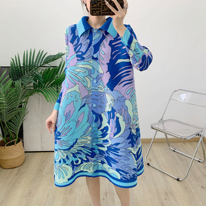 Cộng với kích thước Xếp Li ăn mặc phụ nữ duy nhất ngực ve áo loose in dài tay áo ăn mặc Chất lượng cao quần áo bán buôn - Product Image 1