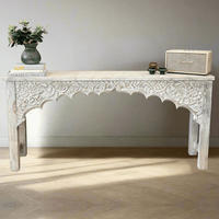 Table console en bois massif blanchi, sculptée à la main, table d'entrée vintage pour le salon