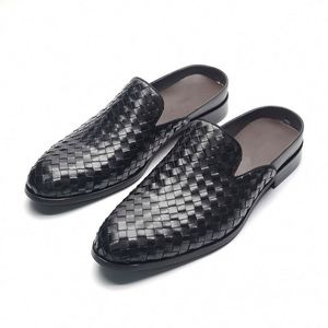 Black Woven Leather Loafers Pointed Toe <b>Slip</b>-<b>On</b> Men's Dress <b>Shoes</b> All Seasons Genuine Leather Upper Rubber Outsole - Product Image 3
