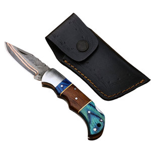 Navaja Plegable Premium de Acero de Damasco con Mango de Madera, Hecha a Mano, Hoja de Punta Caída de Espiga Completa para Uso en Exteriores - Product Image 1