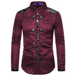 New Men Shirts Goth Style Rivet Solid Color Long Sleeve Cargo Shirt Slim Fit Party Stage For Men Clothing