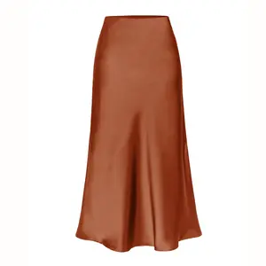 Women Satin Skirt Elastic High Waist Solid Split Mid length Skirt