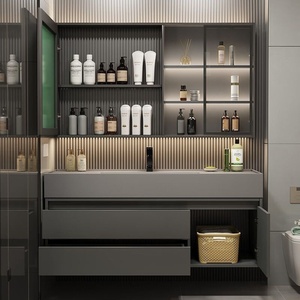Armoire <span class=keywords><strong>de</strong></span> <span class=keywords><strong>salle</strong></span> <span class=keywords><strong>de</strong></span> <span class=keywords><strong>bain</strong></span> murale intelligente avec lavabo, comptoir en <span class=keywords><strong>bois</strong></span> <span class=keywords><strong>massif</strong></span> multicouche et pierre microcristalline, gris, certifiée CE - Product Image 4