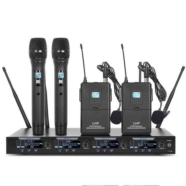 DR2800 Professional 4-Channel UHF Wireless Microphone System Lavalier Dynamic Handheld Microphone for Karaoke DJ Parties Desktop
