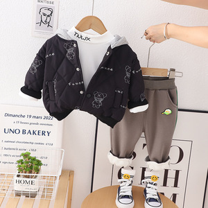Automne hiver enfants épaissi costume chaud garçons à capuche imprimé ours veste Base chemise pantalon 3 pièces ensemble beaux enfants vêtements - Product Image 4