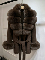 Manteau en laine double face Janveny 2026 pour femme, avec vraie fourrure de renard naturelle, coupe ample, chaud, ceinturé, poches, mélange de laine, veste courte, vêtement d'extérieur