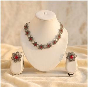 Handcrafted Red Floral Oxydized <b>Silver</b> <b>Choker</b> Set for Women Traditional Ethnic Statement Jewelry Wedding Party Accessories - Product Image 3