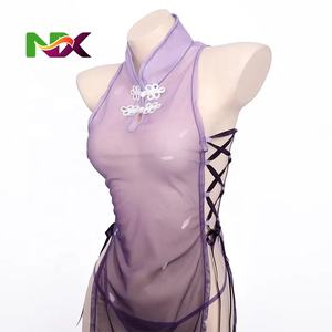 Costume de <span class=keywords><strong>cosplay</strong></span> d'anime <span class=keywords><strong>Sakura</strong></span> Cheongsam pour femmes, robe transparente en maille à fleurs, robe Qipao violette, lingerie élégante, costumes de télévision et de cinéma - Product Image 6