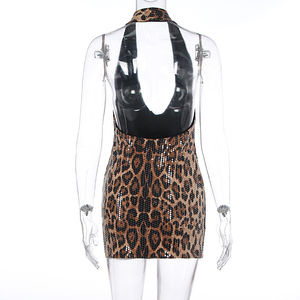 Viviblook Z1125DS01 Autumn New Women Sexy Hot Girl Sleeveless Deep V Neck Leopard <b>Print</b> <b>Mini</b> Dress for Women Party Dress - Product Image 4