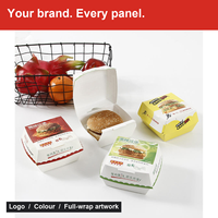 Boîte à hamburger en carton avec fermeture à languette centrale et impression rayée rouge et bleue, emballage personnalisé avec logo pour les plats à emporter des restaurants