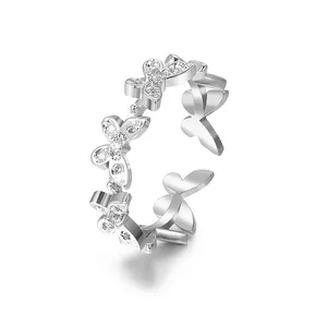 Joyería de dedo de moda para mujer, anillos de puño abierto, aleación ajustable, diamantes de imitación, cristal, diamante, plata, mariposa