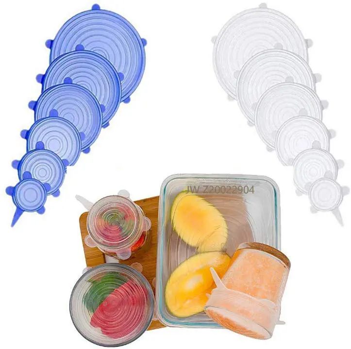 Vente en gros 6 pièces, couvercles extensibles réutilisables en Silicone, tailles variées, bol alimentaire, stockage des fruits,