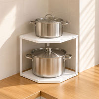 Étagère d'angle en forme d'éventail à 2 niveaux pour comptoir de cuisine, organisateur d'angle en métal blanc pour ustensiles de cuisine, support de rangement pour casseroles et poêles