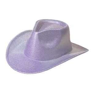 New Women Purple Cowboy Fedora Hat Western Fashion Striped Cowgirls Pink Party Jazz Hats Church Wedding Fedoras