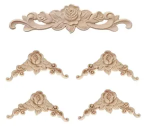 5PCS Wood Carved Onlay Applique Wood Appliques Onlays DIY Carved Furniture Appliques Onlays Unpainted Center Carving Decal