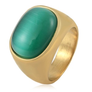 yunnique <b>Emerald</b> <b>Ring</b> For <b>Men</b> Gold Steel Color Oval Bezel Setting Geometric Jewelry Gift - Product Image 1