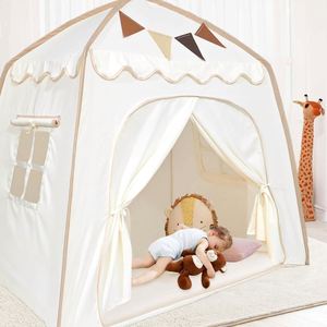 Tente de jeu dôme portable crème pour enfants, intérieur/extérieur, avec drapeaux et guirlande lumineuse étoile - Grande Vente - Product Image 3